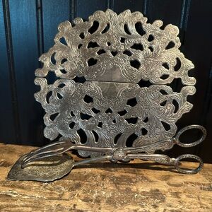 Ornate Vintage Silver Plated Trivet with Matching Tongs